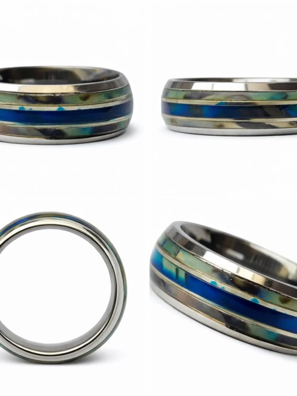 Size 11 Silver Stainless Steel Wedding Band with Blue Abalone Shell Inlay